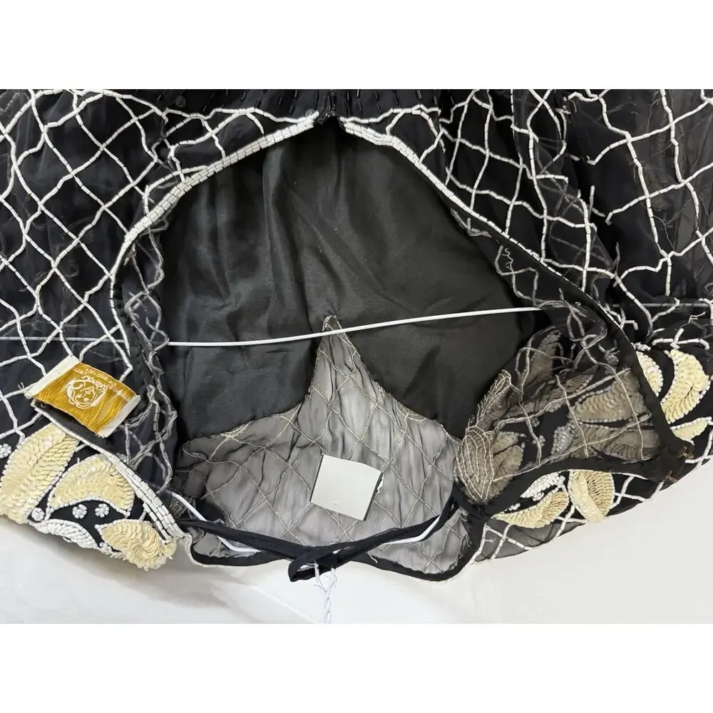 Beaded Silk Laurence Kazar Evening Gown Large VTG Dress Black White Regal Art - Picture 16 of 16